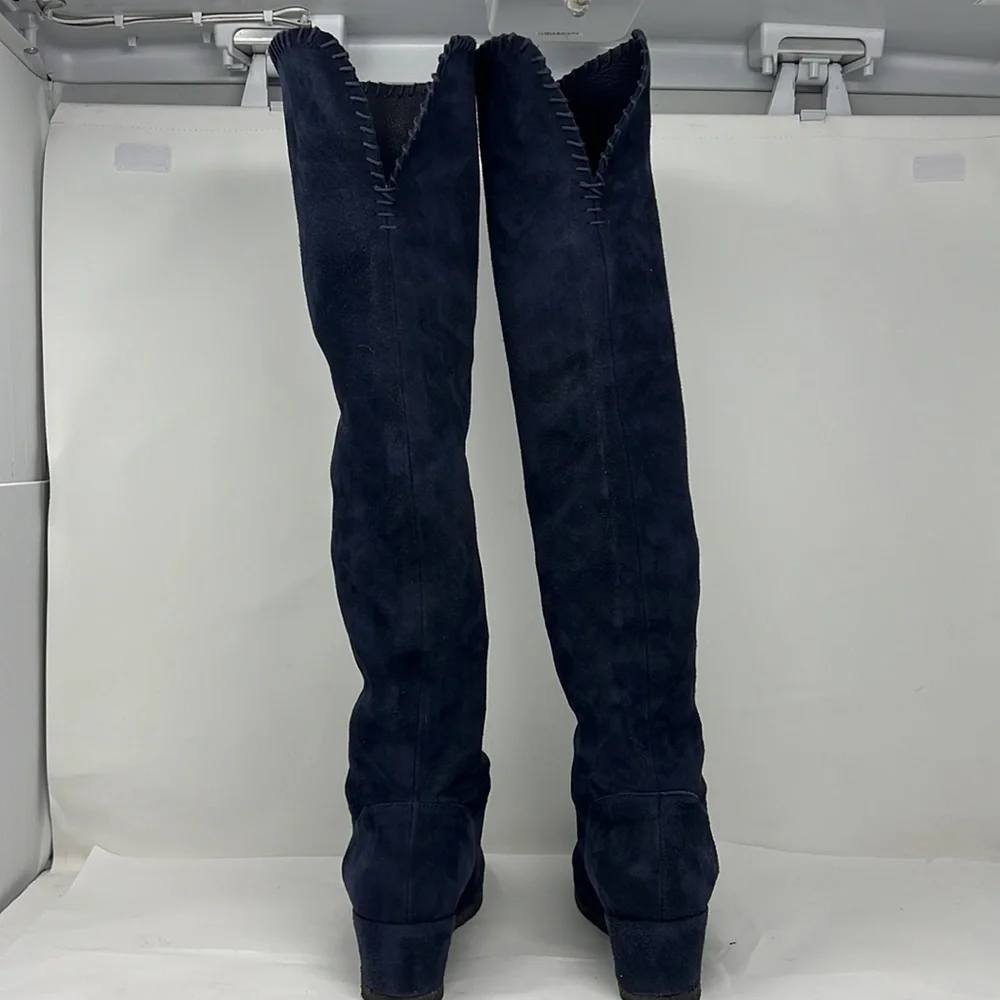 Michele Negri Sz 8.5 Blue Suede Low Wedge Whipstitch Trim Knee Boots